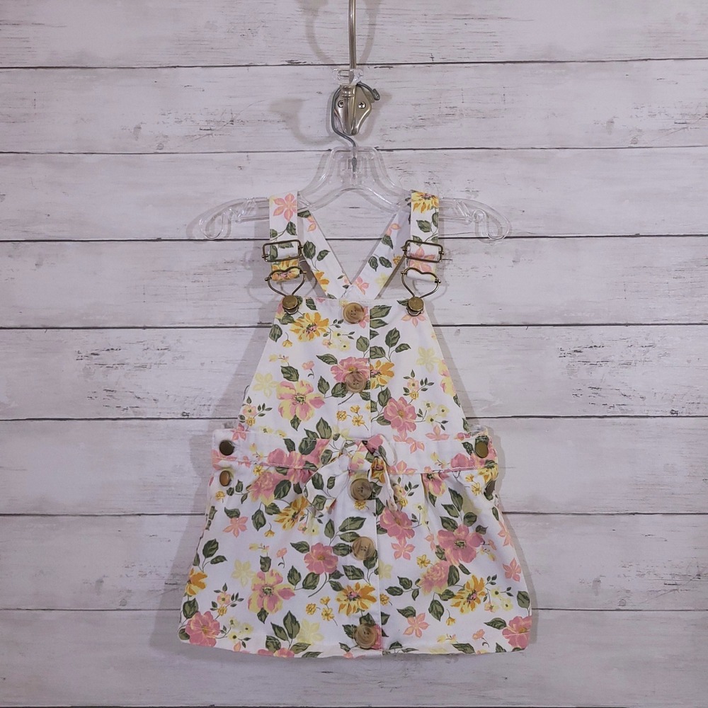 Little Lass Floral Overall Dress 18M White Pink Yellow Heart Buckles